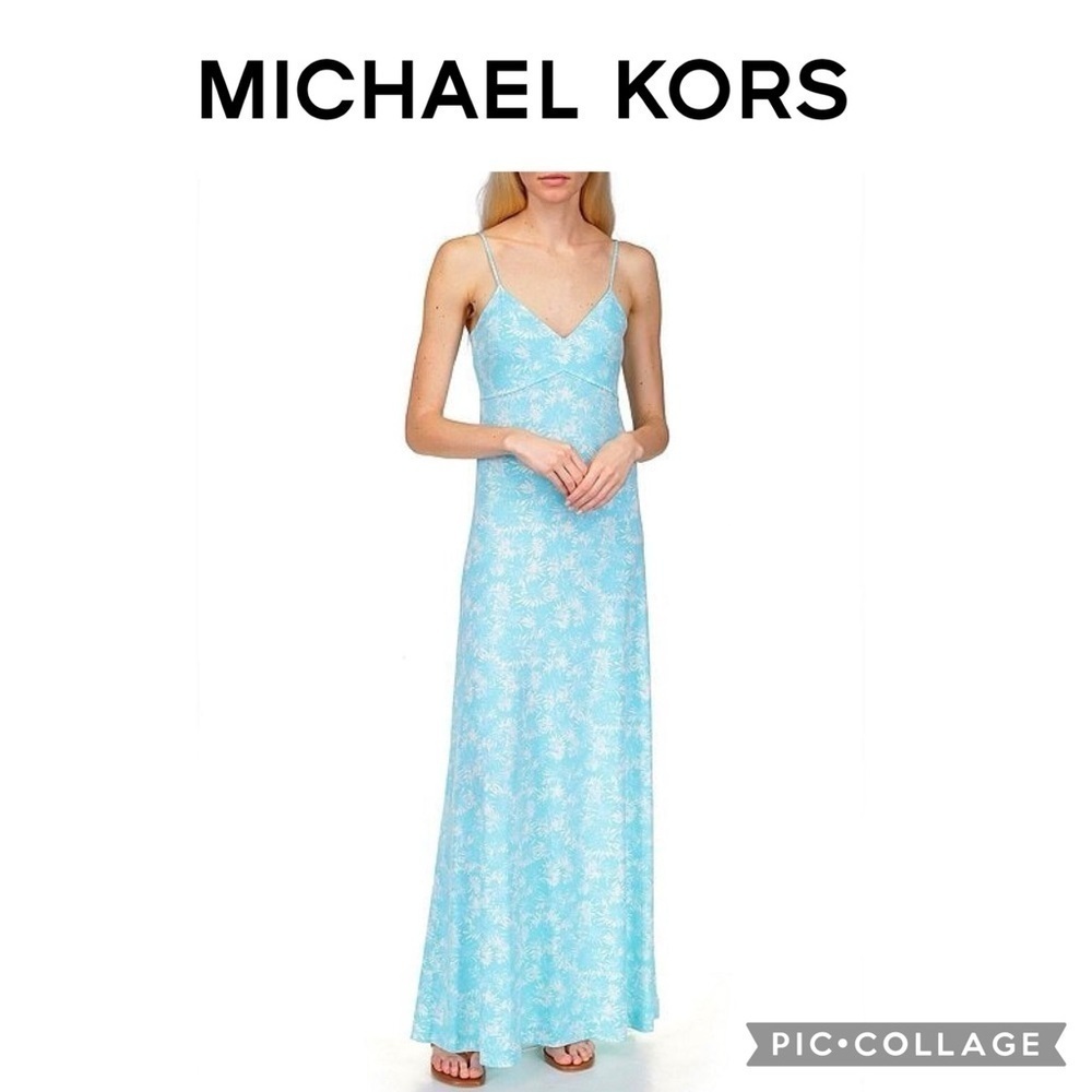 Michael Kors Floral V-Neck Spaghetti Straps Maxi Knit Dress blue size L NWT